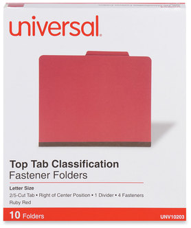 Universal® Bright Colored Pressboard Classification Folders 2" Expansion, 1 Divider, 4 Fasteners, Letter Size, Ruby Red, 10/Box