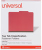 A Picture of product UNV-10203 Universal® Bright Colored Pressboard Classification Folders 2" Expansion, 1 Divider, 4 Fasteners, Letter Size, Ruby Red, 10/Box