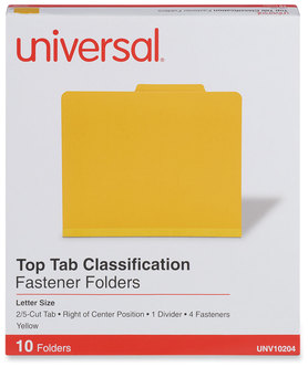 Universal® Bright Colored Pressboard Classification Folders 2" Expansion, 1 Divider, 4 Fasteners, Letter Size, Yellow Exterior, 10/Box