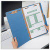 A Picture of product UNV-10211 Universal® Bright Colored Pressboard Classification Folders 2" Expansion, 1 Divider, 4 Fasteners, Legal Size, Cobalt Blue, 10/Box