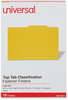 A Picture of product UNV-10214 Universal® Bright Colored Pressboard Classification Folders 2" Expansion, 1 Divider, 4 Fasteners, Legal Size, Yellow Exterior, 10/Box