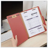 A Picture of product UNV-10250 Universal® Four-, Six- and Eight-Section Pressboard Classification Folders Four-Section 2" Expansion, 1 Divider, 4 Fasteners, Letter Size, Red Exterior, 10/Box