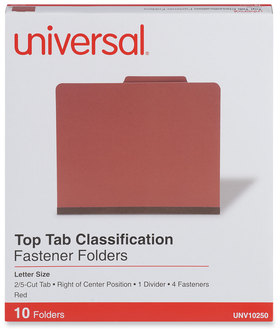 Universal® Four-, Six- and Eight-Section Pressboard Classification Folders Four-Section 2" Expansion, 1 Divider, 4 Fasteners, Letter Size, Red Exterior, 10/Box