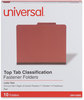 A Picture of product UNV-10250 Universal® Four-, Six- and Eight-Section Pressboard Classification Folders Four-Section 2" Expansion, 1 Divider, 4 Fasteners, Letter Size, Red Exterior, 10/Box