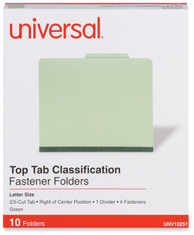 Universal® Four-, Six- and Eight-Section Pressboard Classification Folders Four-Section 2" Expansion, 1 Divider, 4 Fasteners, Letter Size, Green Exterior, 10/Box