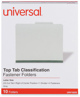 Universal® Four-, Six- and Eight-Section Pressboard Classification Folders Four-Section 2" Expansion, 1 Divider, 4 Fasteners, Letter Size, Gray Exterior, 10/Box