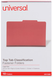 Universal® Four-, Six- and Eight-Section Pressboard Classification Folders Four-Section 2" Expansion, 1 Divider, 4 Fasteners, Legal Size, Red Exterior, 10/Box