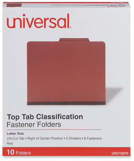 Universal® Four-, Six- and Eight-Section Pressboard Classification Folders Six-Section 2" Expansion, 2 Dividers, 6 Fasteners, Letter Size, Red Exterior, 10/Box