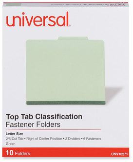 Universal® Four-, Six- and Eight-Section Pressboard Classification Folders Six-Section 2" Expansion, 2 Dividers, 6 Fasteners, Letter Size, Green Exterior, 10/Box