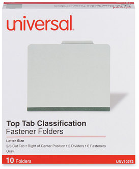 Universal® Four-, Six- and Eight-Section Pressboard Classification Folders Six-Section 2" Expansion, 2 Dividers, 6 Fasteners, Letter Size, Gray Exterior, 10/Box