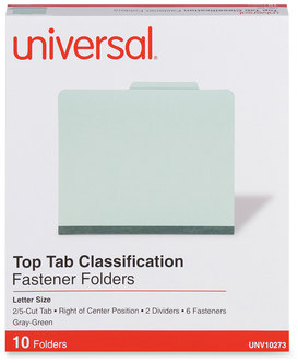 Universal® Four-, Six- and Eight-Section Pressboard Classification Folders Six-Section 2" Expansion, 2 Dividers, 6 Fasteners, Letter Size, Gray-Green, 10/Box