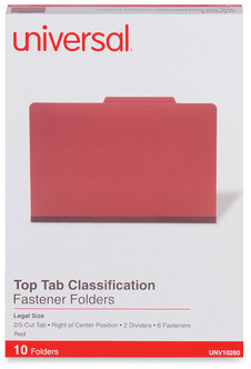 Universal® Four-, Six- and Eight-Section Pressboard Classification Folders Six-Section 2" Expansion, 2 Dividers, 6 Fasteners, Legal Size, Red Exterior, 10/Box