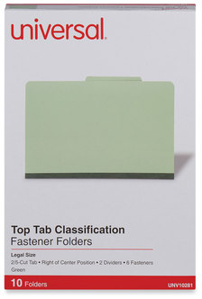 Universal® Four-, Six- and Eight-Section Pressboard Classification Folders Six-Section 2" Expansion, 2 Dividers, 6 Fasteners, Legal Size, Green Exterior, 10/Box