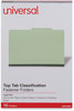 A Picture of product UNV-10281 Universal® Four-, Six- and Eight-Section Pressboard Classification Folders Six-Section 2" Expansion, 2 Dividers, 6 Fasteners, Legal Size, Green Exterior, 10/Box