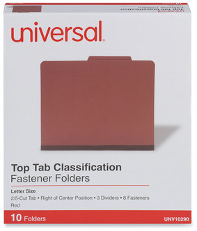 Universal® Four-, Six- and Eight-Section Pressboard Classification Folders 3" Expansion, 3 Dividers, 8 Fasteners, Letter Size, Red Exterior, 10/Box