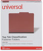 A Picture of product UNV-10290 Universal® Four-, Six- and Eight-Section Pressboard Classification Folders 3" Expansion, 3 Dividers, 8 Fasteners, Letter Size, Red Exterior, 10/Box