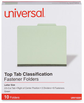 Universal® Four-, Six- and Eight-Section Pressboard Classification Folders 3" Expansion, 3 Dividers, 8 Fasteners, Letter Size, Green Exterior, 10/Box