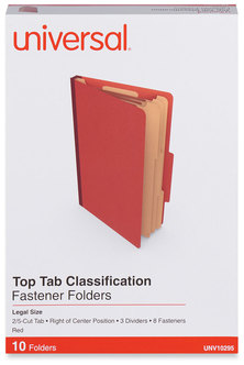 Universal® Four-, Six- and Eight-Section Pressboard Classification Folders 3" Expansion, 3 Dividers, 8 Fasteners, Legal Size, Red Exterior, 10/Box