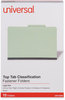 A Picture of product UNV-10296 Universal® Four-, Six- and Eight-Section Pressboard Classification Folders 3" Expansion, 3 Dividers, 8 Fasteners, Legal Size, Green Exterior, 10/Box