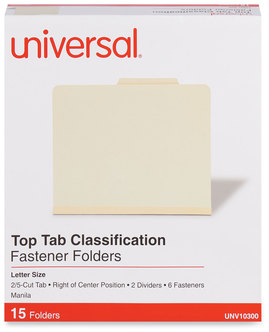 Universal® Six-Section Classification Folders 2" Expansion, 2 Dividers, 6 Fasteners, Letter Size, Manila Exterior, 15/Box