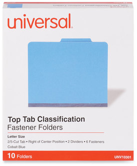 Universal® Bright Colored Pressboard Classification Folders 2" Expansion, 2 Dividers, 6 Fasteners, Letter Size, Cobalt Blue, 10/Box