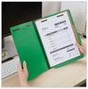 A Picture of product UNV-10302 Universal® Bright Colored Pressboard Classification Folders 2" Expansion, 2 Dividers, 6 Fasteners, Letter Size, Emerald Green, 10/Box