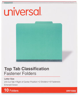 Universal® Bright Colored Pressboard Classification Folders 2" Expansion, 2 Dividers, 6 Fasteners, Letter Size, Emerald Green, 10/Box