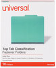 A Picture of product UNV-10302 Universal® Bright Colored Pressboard Classification Folders 2" Expansion, 2 Dividers, 6 Fasteners, Letter Size, Emerald Green, 10/Box