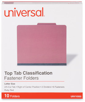 Universal® Bright Colored Pressboard Classification Folders 2" Expansion, 2 Dividers, 6 Fasteners, Letter Size, Ruby Red, 10/Box