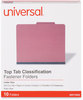 A Picture of product UNV-10303 Universal® Bright Colored Pressboard Classification Folders 2" Expansion, 2 Dividers, 6 Fasteners, Letter Size, Ruby Red, 10/Box