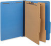 A Picture of product UNV-10311 Universal® Bright Colored Pressboard Classification Folders 2" Expansion, 2 Dividers, 6 Fasteners, Legal Size, Cobalt Blue, 10/Box