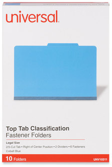 Universal® Bright Colored Pressboard Classification Folders 2" Expansion, 2 Dividers, 6 Fasteners, Legal Size, Cobalt Blue, 10/Box