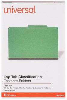 Universal® Bright Colored Pressboard Classification Folders 2" Expansion, 2 Dividers, 6 Fasteners, Legal Size, Emerald Green, 10/Box