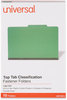 A Picture of product UNV-10312 Universal® Bright Colored Pressboard Classification Folders 2" Expansion, 2 Dividers, 6 Fasteners, Legal Size, Emerald Green, 10/Box
