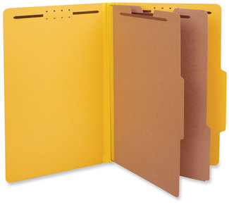 Universal® Bright Colored Pressboard Classification Folders 2" Expansion, 2 Dividers, 6 Fasteners, Legal Size, Yellow Exterior, 10/Box