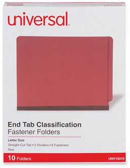 Universal® Red Pressboard End Tab Classification Folders 2" Expansion, 2 Dividers, 6 Fasteners, Letter Size, Exterior, 10/Box