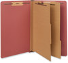 A Picture of product UNV-10316 Universal® Red Pressboard End Tab Classification Folders 2" Expansion, 2 Dividers, 6 Fasteners, Legal Size, Exterior, 10/Box