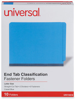 Universal® Deluxe Six-Section Colored Pressboard End Tab Classification Folders 2 Dividers, 6 Fasteners, Letter Size, Cobalt Blue, 10/Box