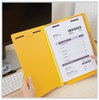 A Picture of product UNV-10319 Universal® Deluxe Six-Section Colored Pressboard End Tab Classification Folders 2 Dividers, 6 Fasteners, Letter Size, Yellow, 10/Box