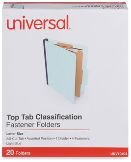 Universal® Four-, Six- and Eight-Section Pressboard Classification Folders Four-Section 1.75" Expansion, 1 Divider, 4 Fasteners, Letter Size, Light Blue, 20/Box