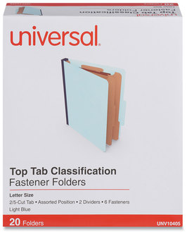 Universal® Four-, Six- and Eight-Section Pressboard Classification Folders Six-Section 2.5" Expansion, 2 Dividers, 6 Fasteners, Letter Size, Light Blue, 20/Box