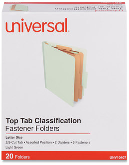 Universal® Six-Section Classification Folders Heavy-Duty Pressboard Cover, 2 Dividers, 6 Fasteners, Letter Size, Light Green, 20/Box