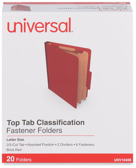 Universal® Six-Section Classification Folders Heavy-Duty Pressboard Cover, 2 Dividers, 6 Fasteners, Letter Size, Brick Red, 20/Box