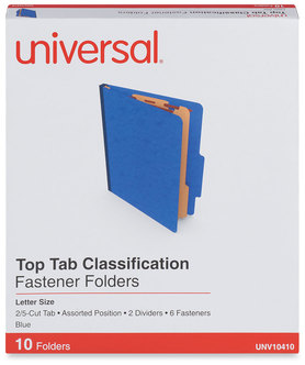 Universal® Four-, Six- and Eight-Section Pressboard Classification Folders Six-Section 2.5" Expansion, 2 Dividers, 6 Fasteners, Letter Size, Blue, 10/Box