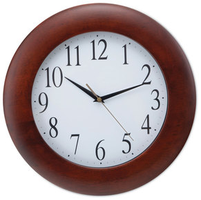 Universal® Round Wood Wall Clock 12.75" Overall Diameter, Cherry Case, 1 AA (sold separately)