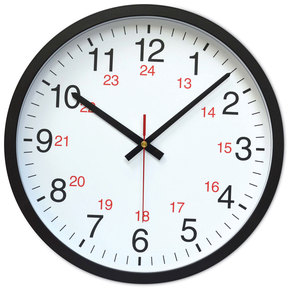 Universal® 24-Hour Round Wall Clock 12.63" Overall Diameter, Black Case, 1 AA (sold separately)