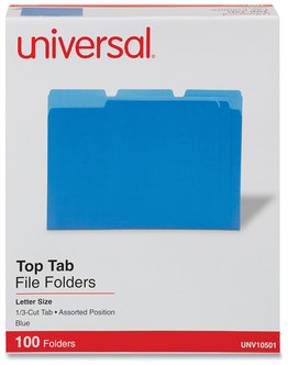 Universal® Deluxe Colored Top Tab File Folders 1/3-Cut Tabs: Assorted, Letter Size, Blue/Light Blue, 100/Box