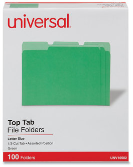 Universal® Deluxe Colored Top Tab File Folders 1/3-Cut Tabs: Assorted, Letter Size, Green/Light Green, 100/Box