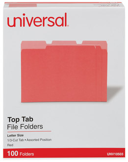 Universal® Deluxe Colored Top Tab File Folders 1/3-Cut Tabs: Assorted, Letter Size, Red/Light Red, 100/Box