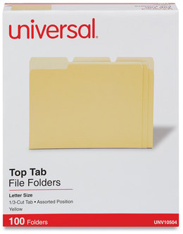 Universal® Deluxe Colored Top Tab File Folders 1/3-Cut Tabs: Assorted, Letter Size, Yellow/Light Yellow, 100/Box